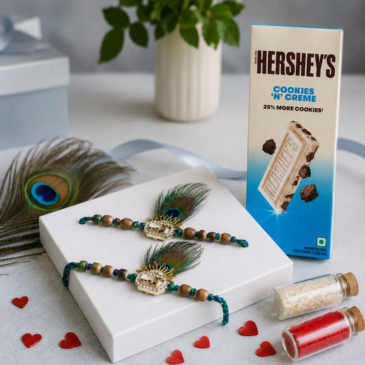 Set of 2 Peacock Feather Wood Beaded Rakhis with Hershey's Cookies 'N' Creme