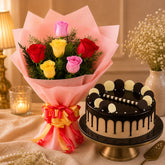 6 Mixed Roses With Chocolate Cream Cake