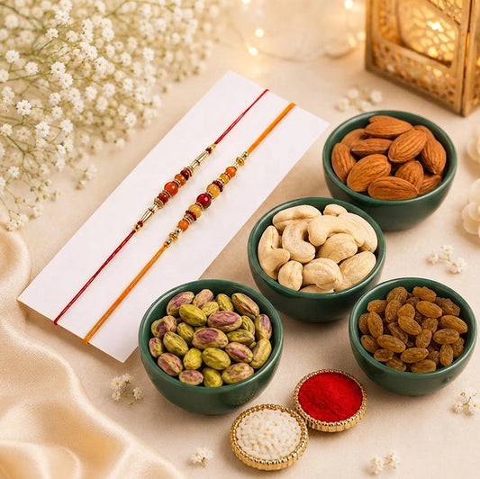 Pearl And Rudraksh Rakhi Set With Dry Fruits