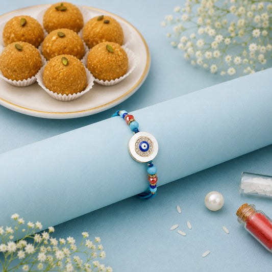 Evil Eye Rhinestone Rakhi with Besan Laddo