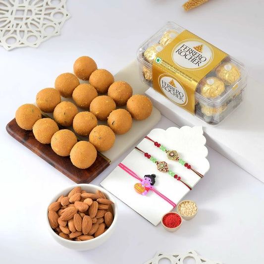 Sparkling Rakhi Hamper with Besan Laddoo, Almond Nuts & Ferrero Rocher