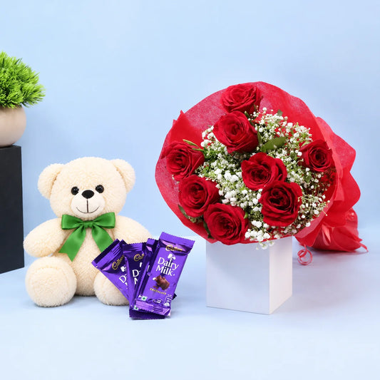 Adorable Roses Chocolates & Teddy Combo
