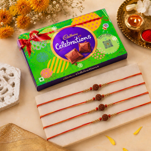 Set Of 4 Rudraksha Rakhi With Cadbury Celebration Chocolate