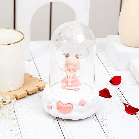 Happy Reindeer Girl Figurine with Glass Dome