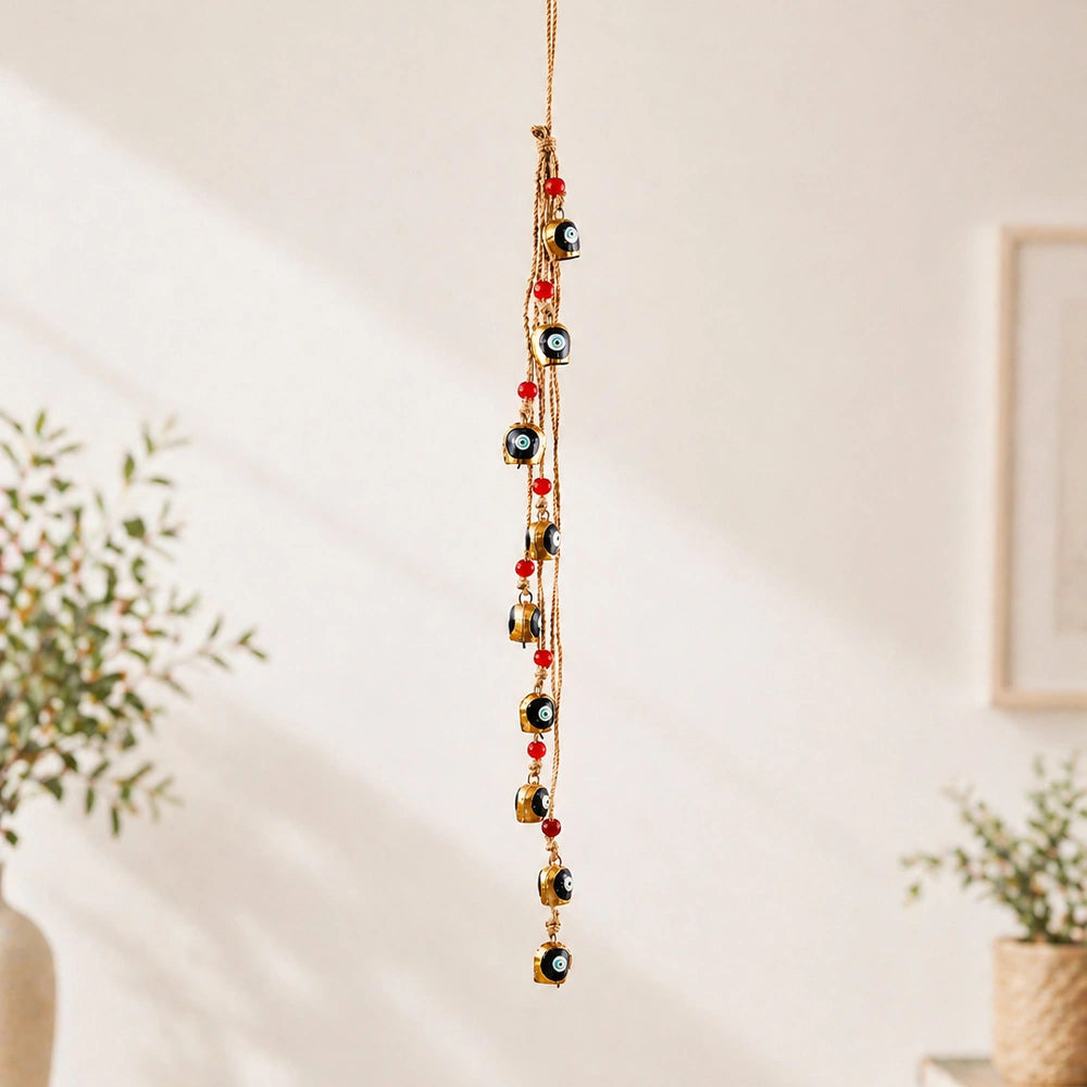 Evil Eye Black Bell & Red Bead Jute Wall Hanging