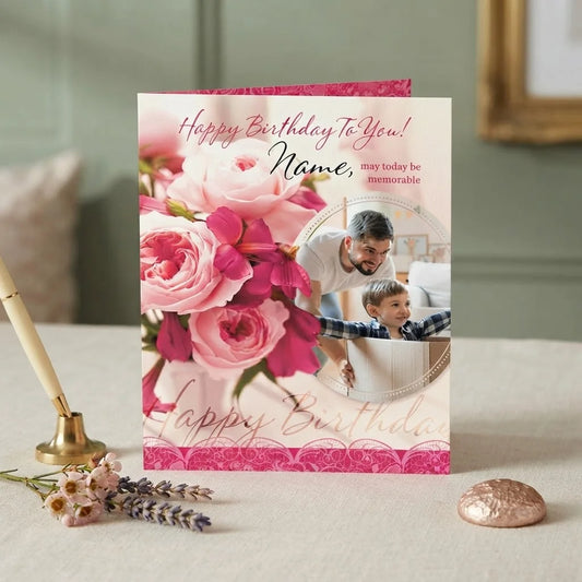 Pink Rose Design Birthday Personalised Card