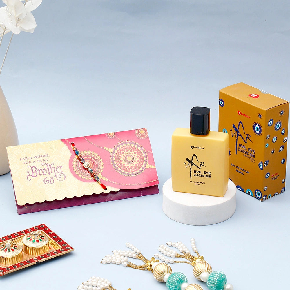 Archies 'Rakhi Wishes For A Dear Brother' Mailer With UXR Evil Eye Classic Oud Perfume