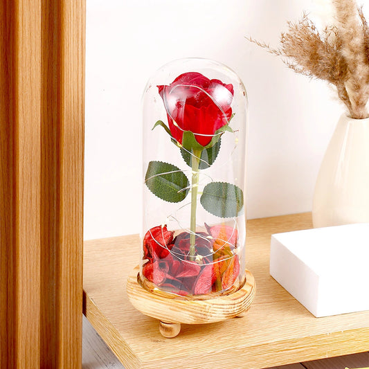 Forever Rose in Glass Dome with Footed Wooden Base