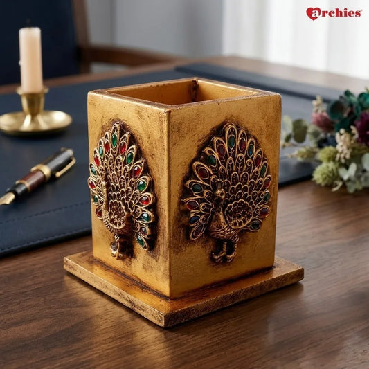 Golden Gorgeous Peacock Pen Stand
