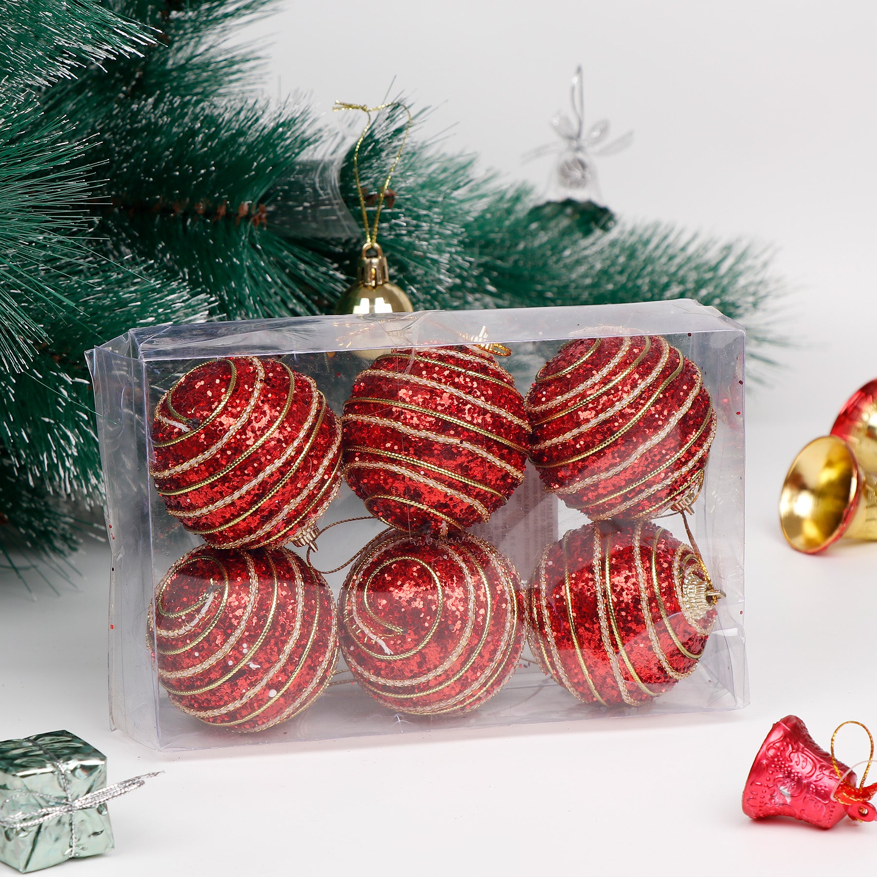 Golden Spiral Red Glittery Christmas Hanging Ornaments