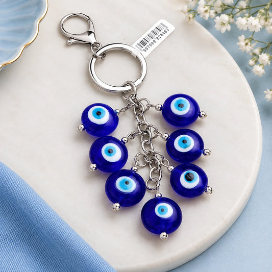 Archies Round Design Blue And White Protective Evil Eye Keychain