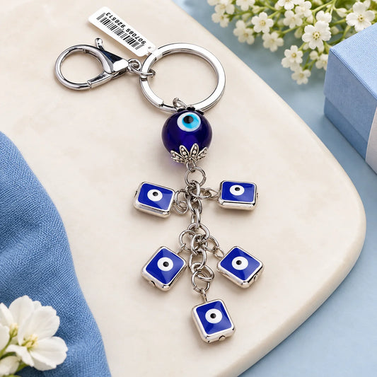 Archies Sphere and Square Design Blue And White Protective Evil Eye Keychain
