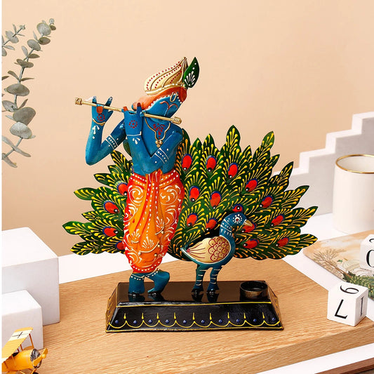 Hand-Crafted Lord Krishna with Peacock Showpiece