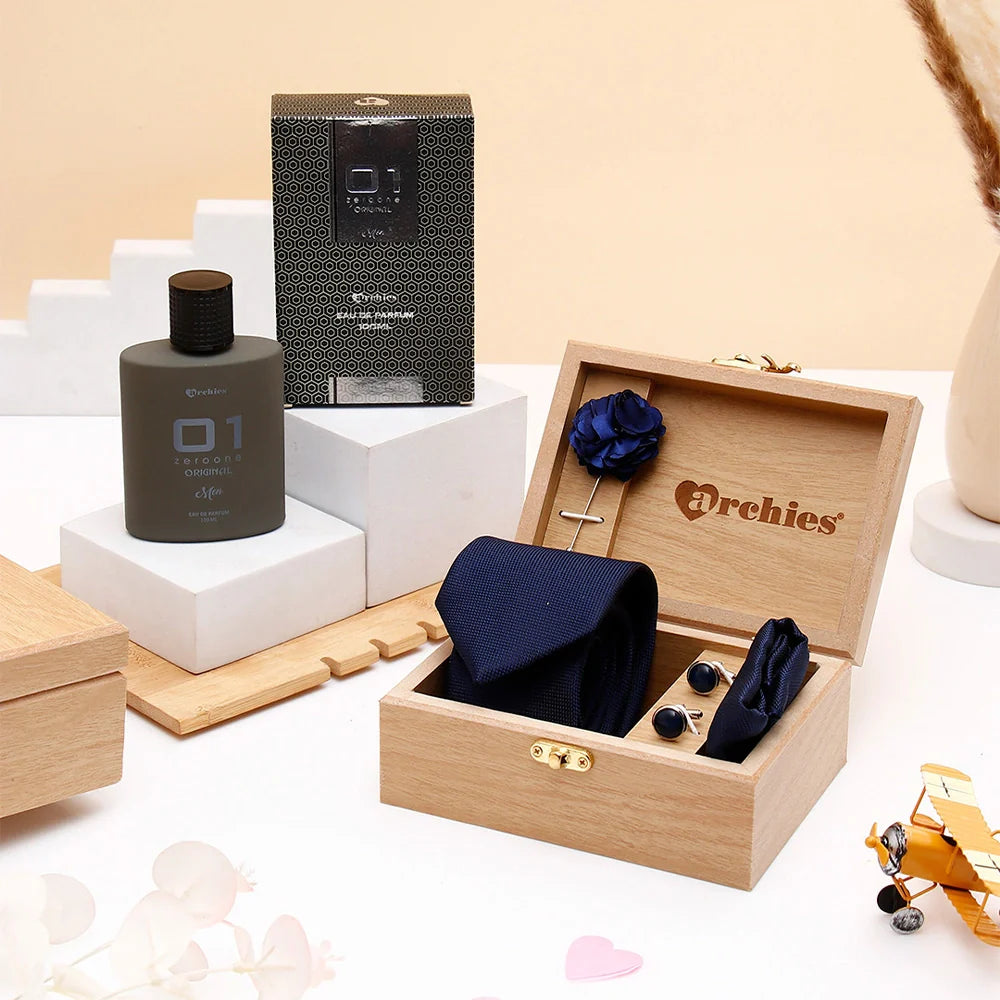 Men's Blue Tie Gift Set in Wooden Box With Perfume