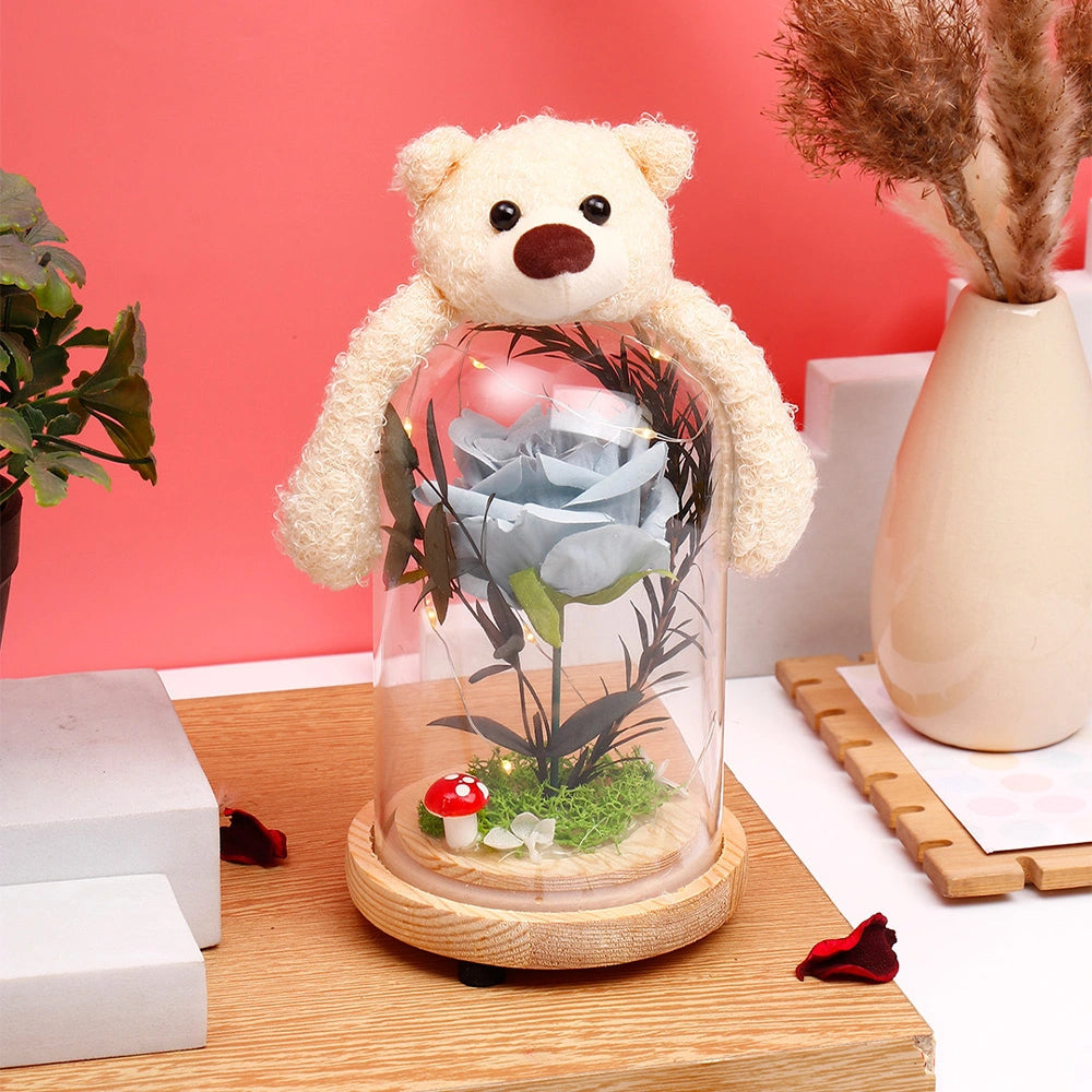 Archies Teddy Bear Blue Rose Glass Dome