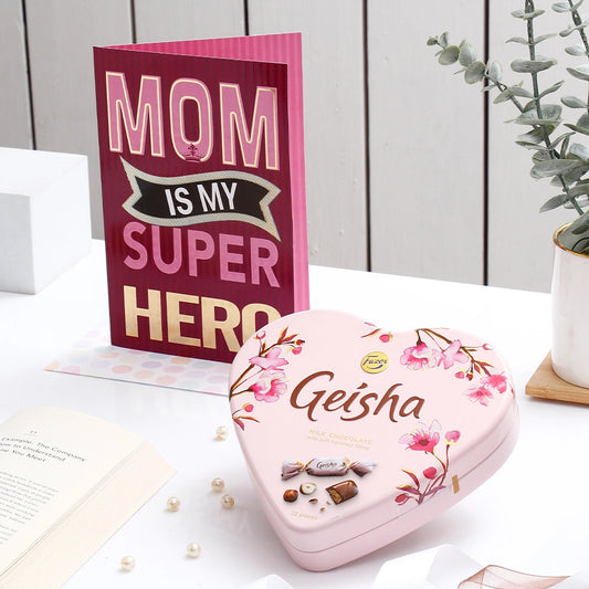 Mom Is My Superhero Mother's Day Greeting Card and Geisha Milk Chocolate