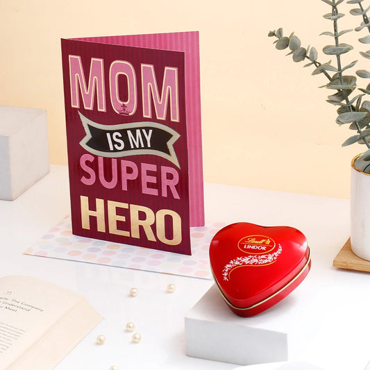 Mom Is My Superhero Mother's Day Greeting Card and Lindt Lindor Chocolate