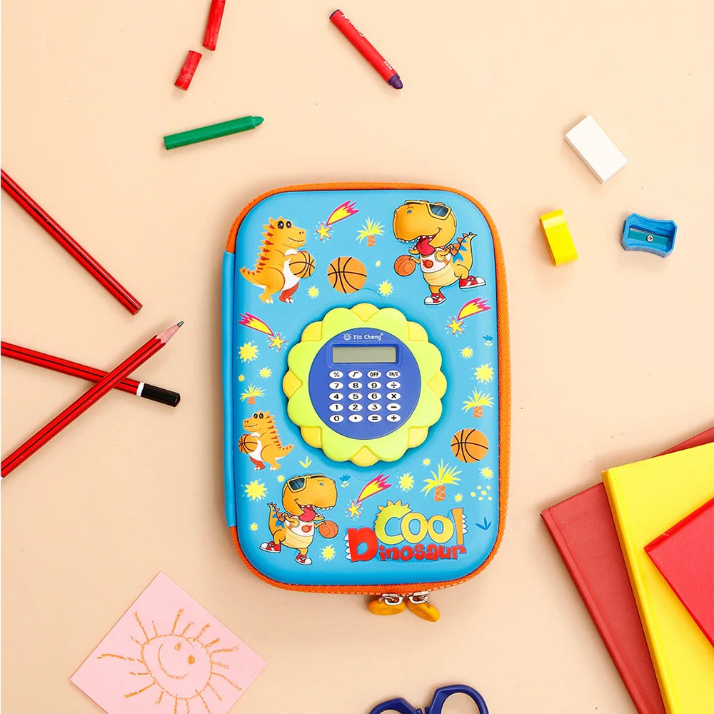 Sky Blue Dinosaur Calculator Pencil Case