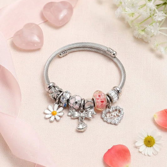 Daisies and Bows Charms Silver Bracelet
