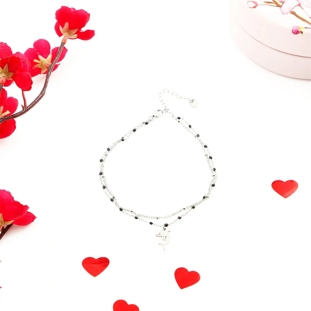 Black Beads Silver Charm Anklet