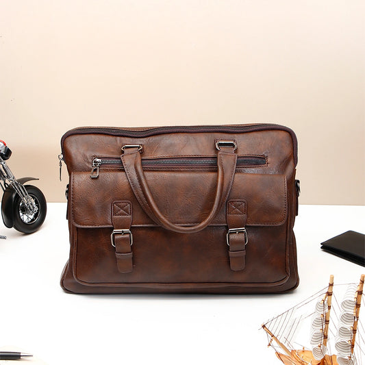 Dark Brown Leather Buckle Laptop Bag