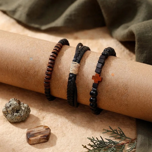 Wood Craft Beaded Multilayer Leather Bracelet