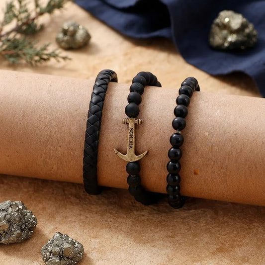 Viking Anchor Black Beaded Multilayer Bracelet