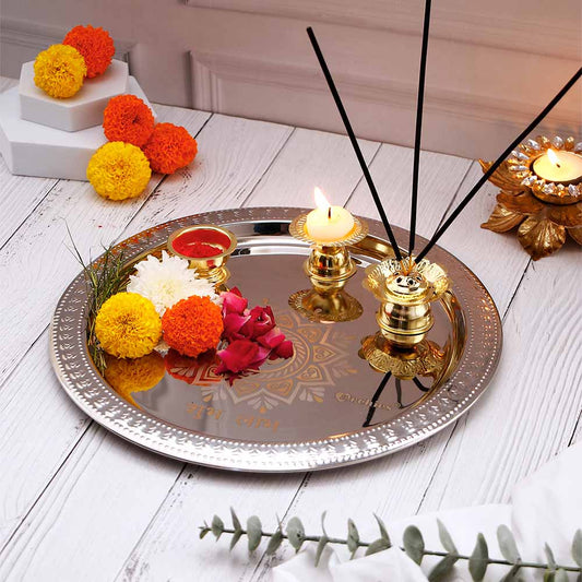 Om Shubh Laabh Silver Pooja Thali Set