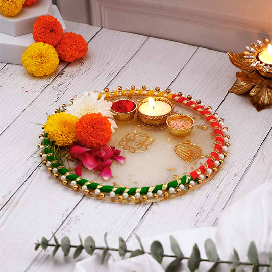 Divine Ganesha White Designer Pooja Thali