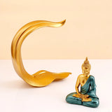 Gold & Teal Buddha on Crescent Leaf Stand Showpiece