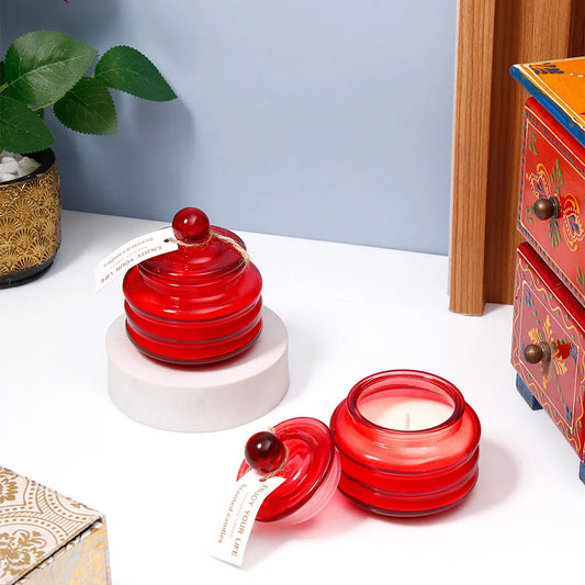 Pack Of 2 Scented Candle in Red Ribbed Glass Jar