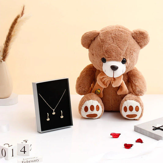 Imperial Crown Pendant Earing Set with Brown Teddy