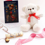White Teddy Bear with Ferrero Rocher Chocolate and Greeting Card