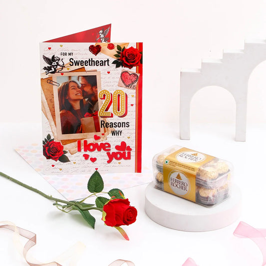 For My Sweet Heart 20 Reasons Why Greeting Card With Rose and Ferrero Rocher