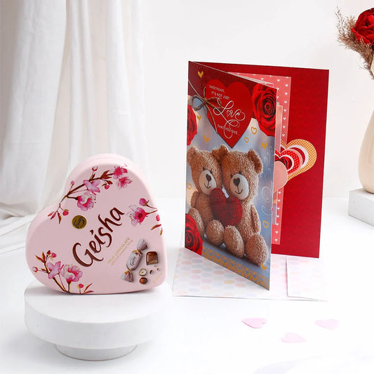 Geisha Chocolate With Sweetheart Love Teddy Greeting Card and Envelope