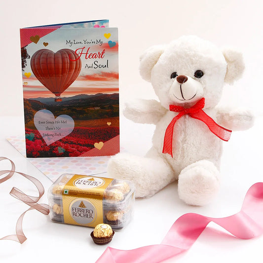 White Teddy Bear with Chocolate and Greeting Card