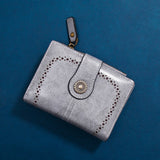 Grey Laser-Cut Vintage Button Bifold Wallet