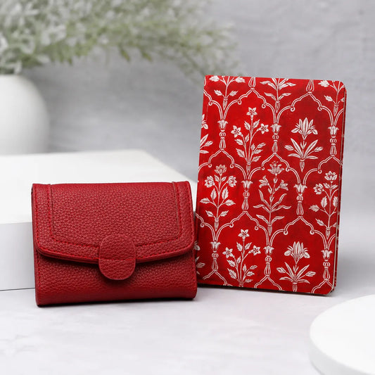 Red Floral Diary with Red Pebbled Leather Wallet Teacher's Day Gift Combo