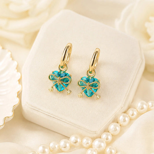Teal Heart Bow Hoop Earrings