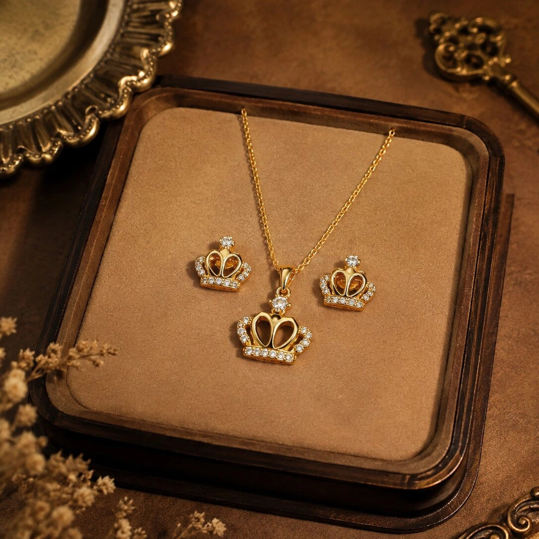 Crown Charm Pendant and Earring Set