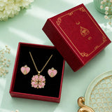 Pink Clover Heart Pendant and Earring Set
