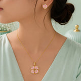 Pink Clover Heart Pendant and Earring Set