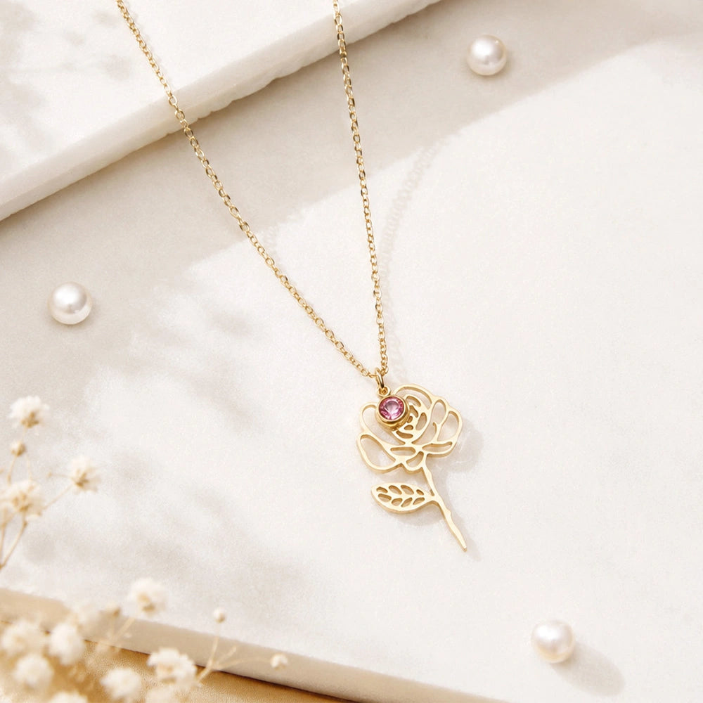 Pink Crystal Rose Cut-Out Pendant Necklace