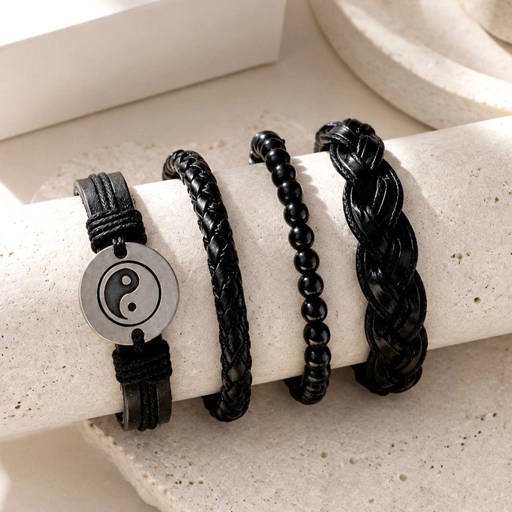 Black Braided, Beaded & Yin Yang Charm Bracelet Set