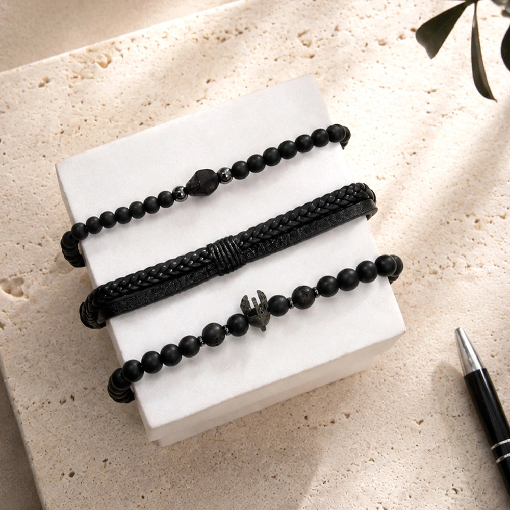 Black Beaded Skull Charm Bracelet Set