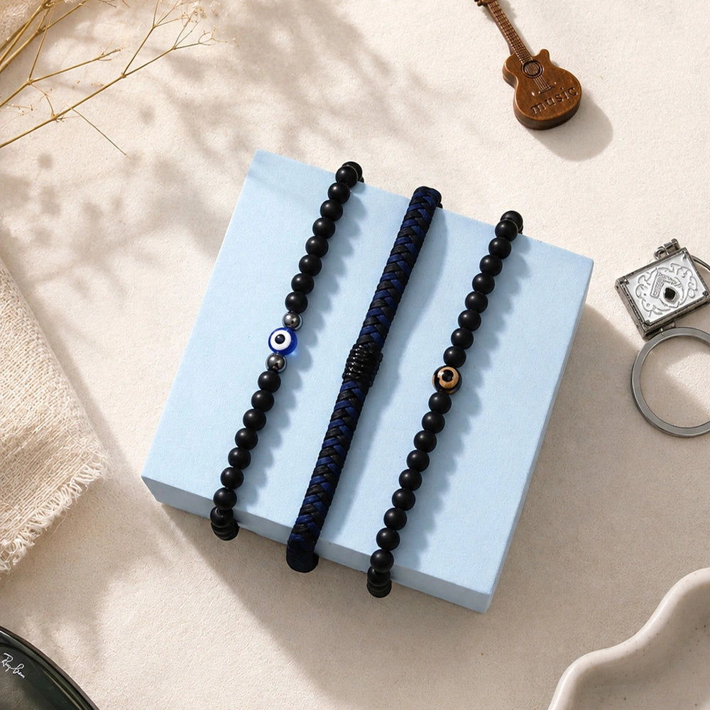Black Beaded Evil Eye & Braided Bracelet Set