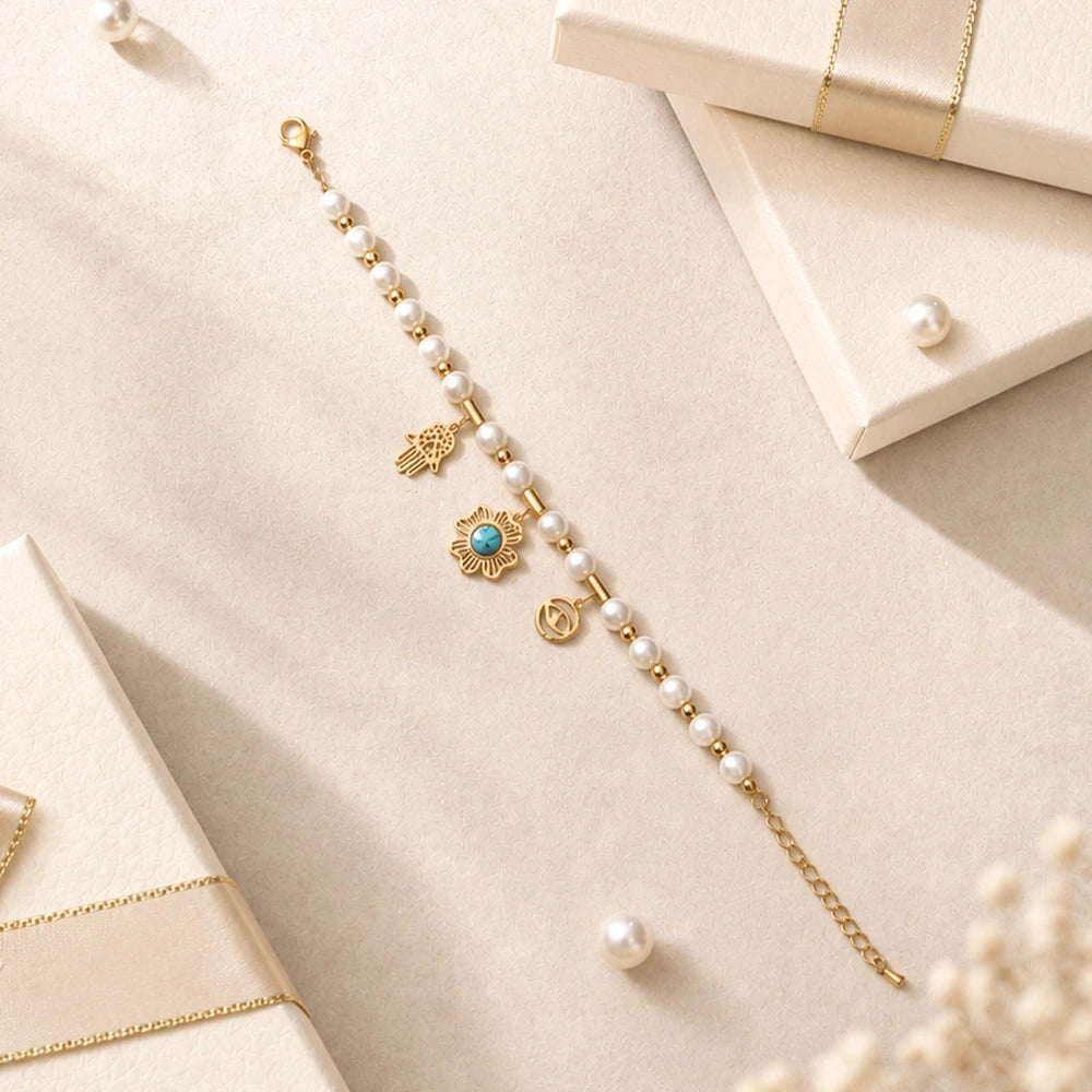 Pearl Hamsa Flower Charm Bracelet