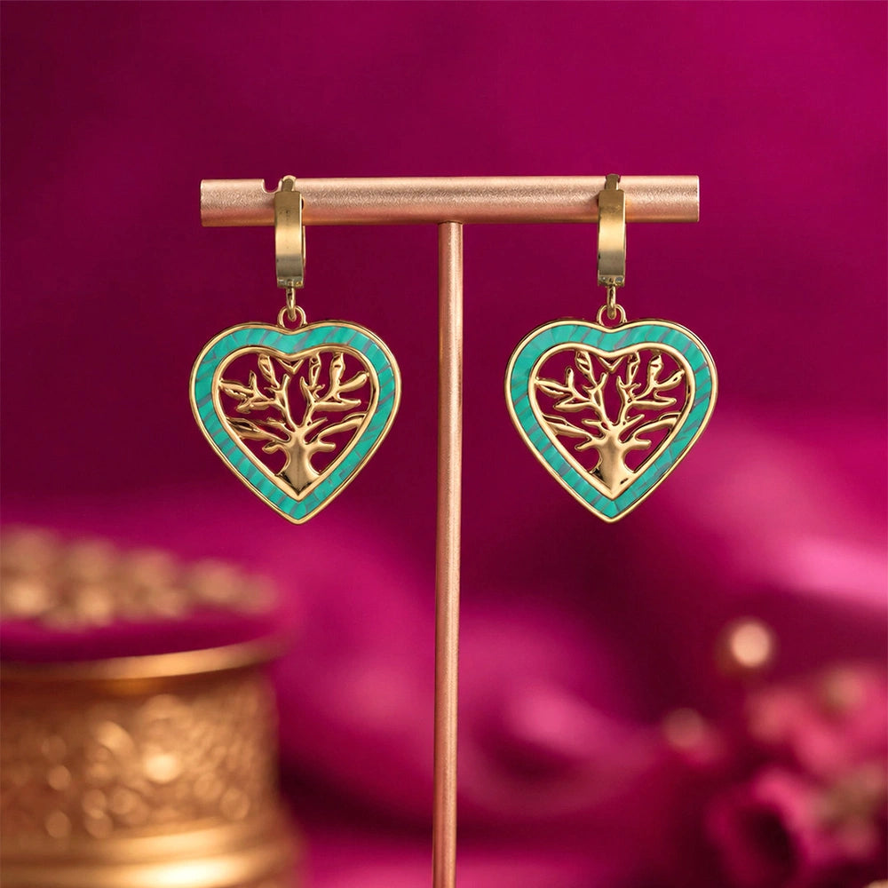 Teal Tree of Life Heart Hoop Earrings