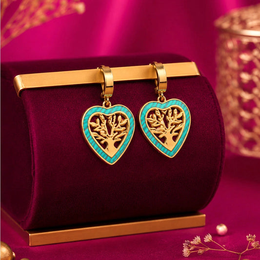 Teal Tree of Life Heart Hoop Earrings