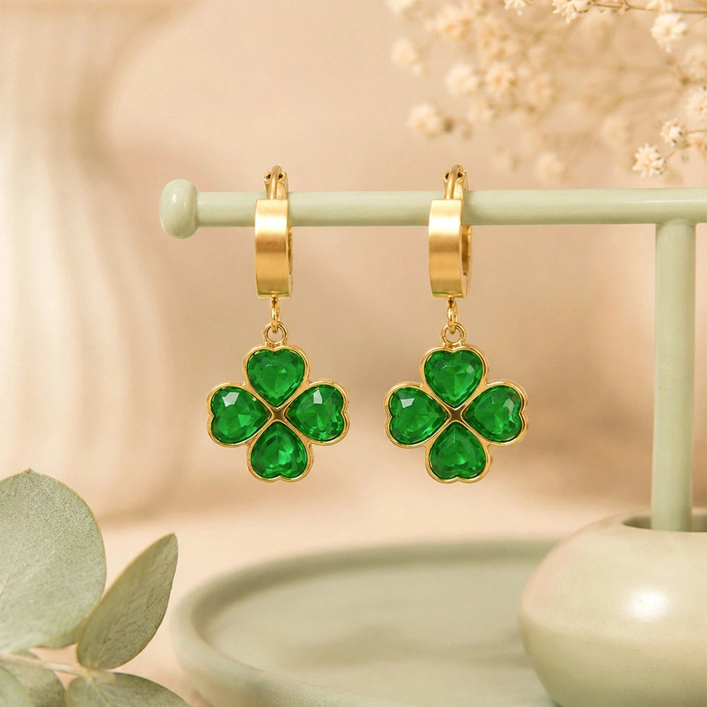 Green Clover Heart Hoop Earrings